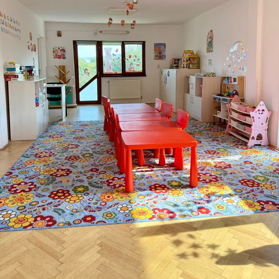Colțul de lectură, cu covoraș colorat și cărți la înălțimea copiilor